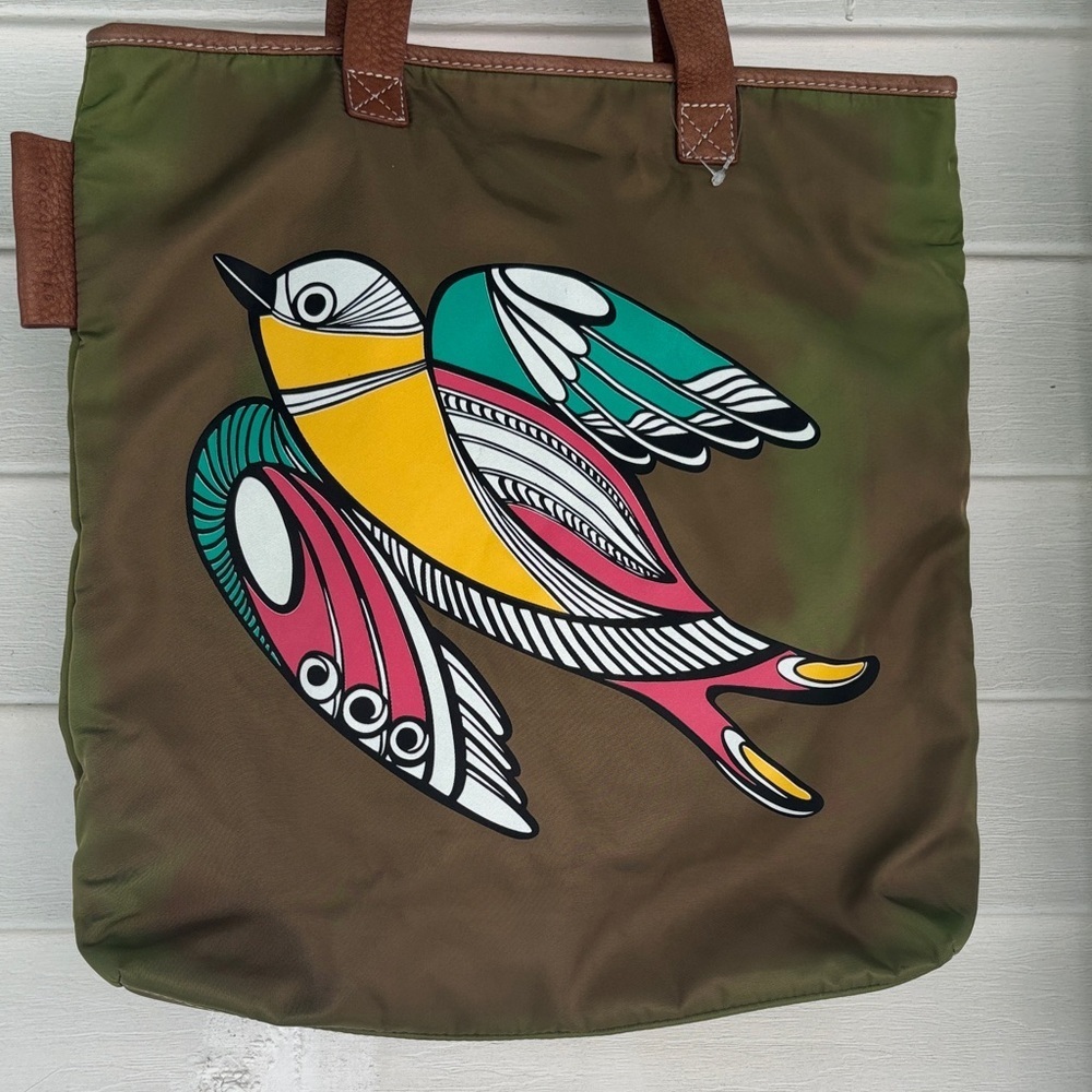 COCCINELLE BRAND MADE IN ITALY OLIVE GREEN AND BROWN SATIN LIKE CANVAS TOTE BAG